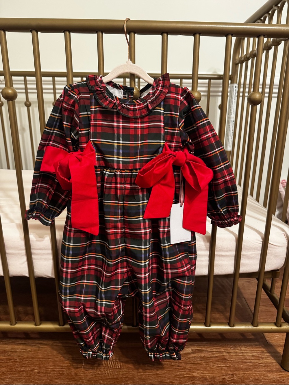 NWT 18 mo Cecil and Lou Red Tartan Plaid One-Piece Bows long romper Christmas